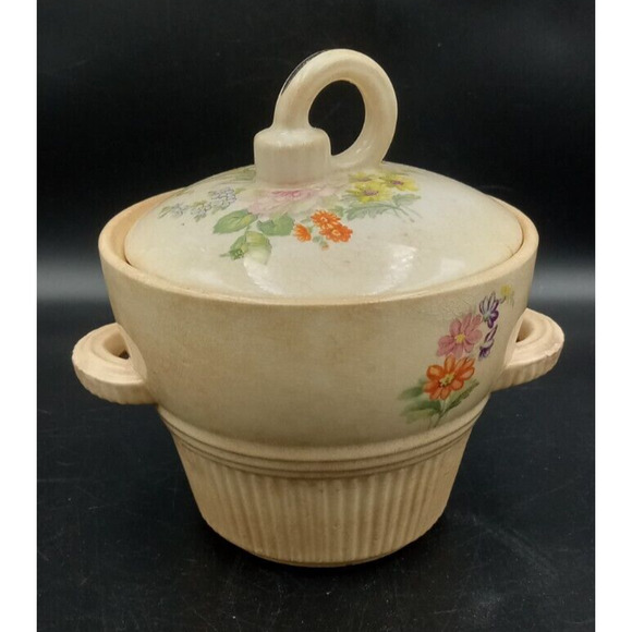 Antique Cream Colored Stoneware Lidded Sugar Bowl W Flowers Victory‎ Made In USA - Picture 1 of 10